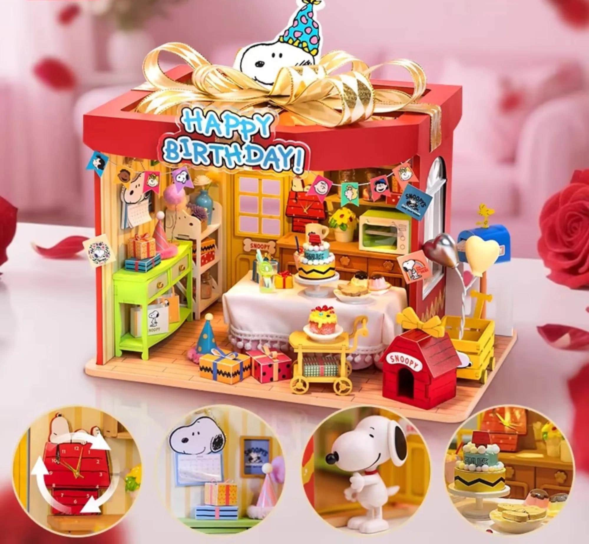 A Peanuts themed Peanut Palace dollhouse with a birthday celebration theme, featuring various Peanuts characters and decorations.