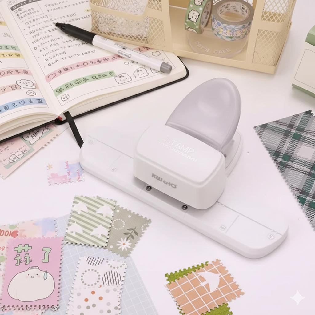 a variety of craft supplies, including a hole puncher, a notebook, and several colorful fabric pieces, all arranged on a desk.