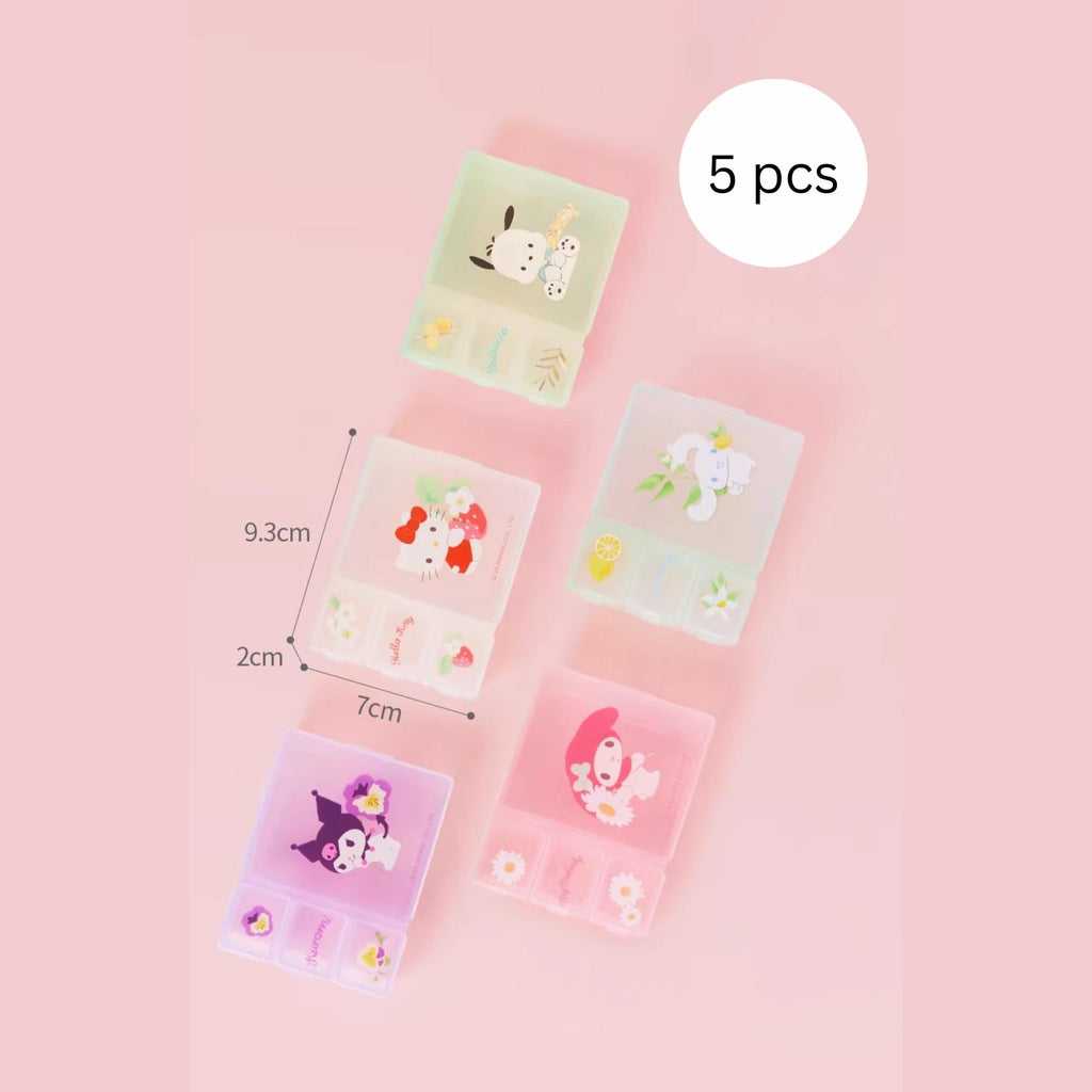 A collection of five colorful, cartoon-style containers with various designs, including a character, flowers, and other decorative elements, arranged on a pink background.