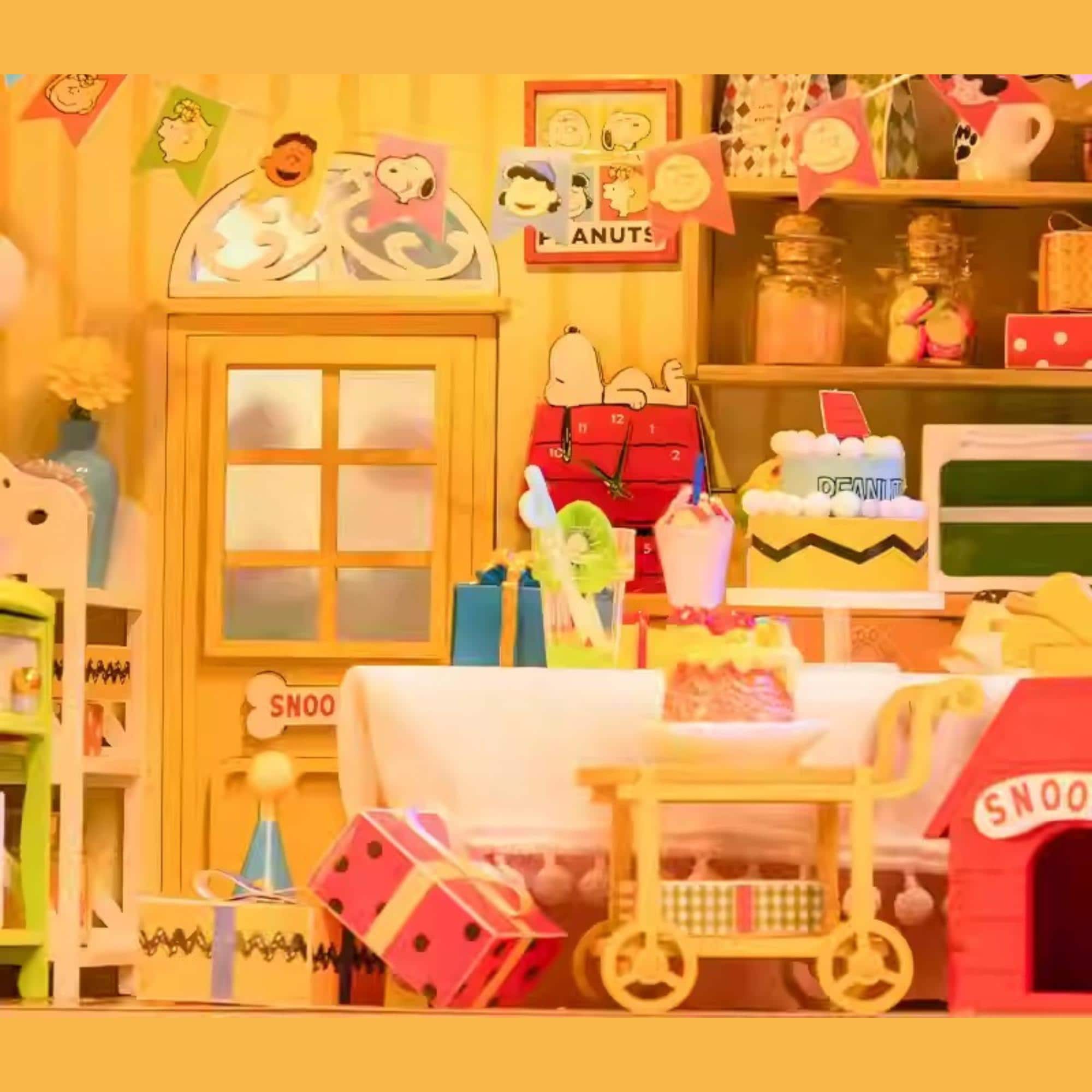 A colorful and whimsical Peanuts-themed dollhouse filled with various Peanuts-themed decorations, toys, and a cake.