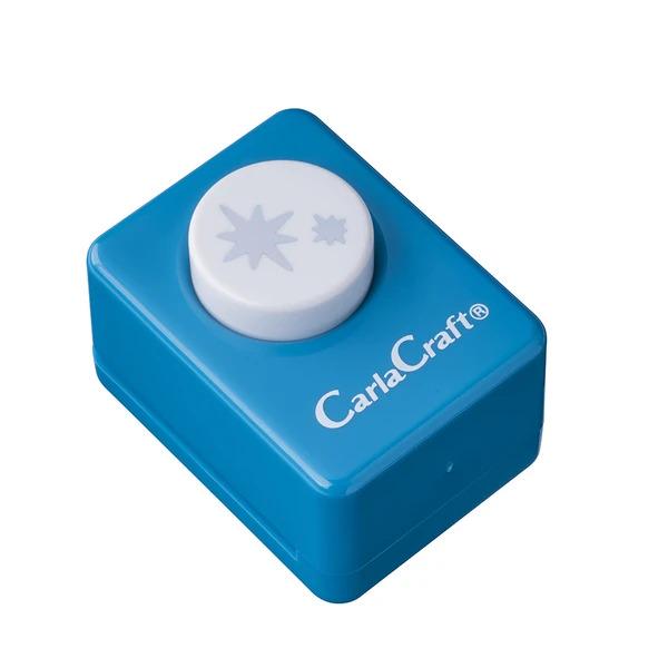 A blue and white plastic tool with a circular button on top, designed for use with a craft project.