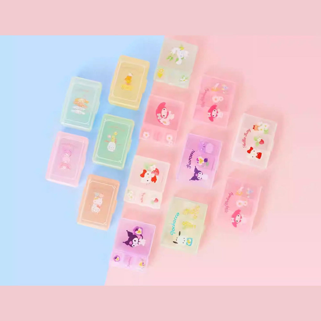 A collection of colorful, transparent containers with various cartoon-style illustrations on them, arranged in a grid-like pattern against a pink background.