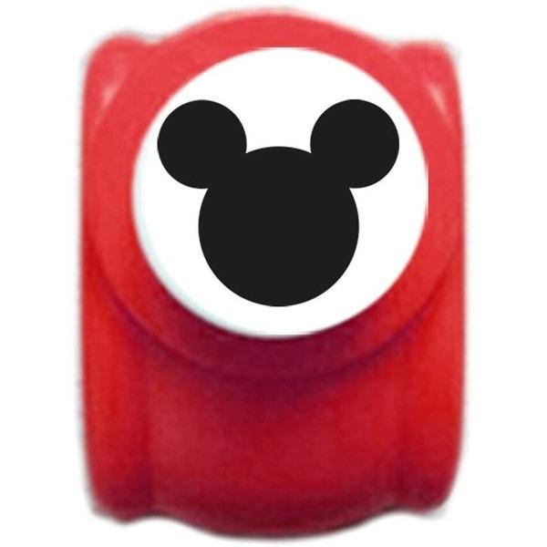 A red object with a white circle featuring a black Mickey Mouse logo.