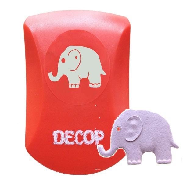 a red object with a white elephant design on it, and there is a smaller purple elephant-shaped object next to it.