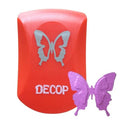 a red plastic cutter with a silver butterfly design on it, and a purple butterfly-shaped object next to it.