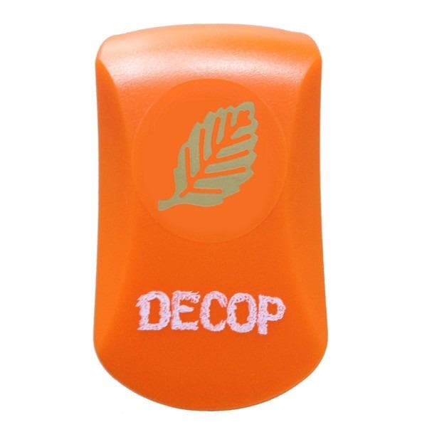 An orange object with a leaf design and the word "DECOP" written on it.