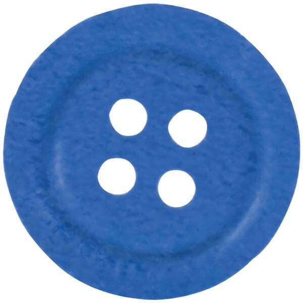 A blue button with four white holes.