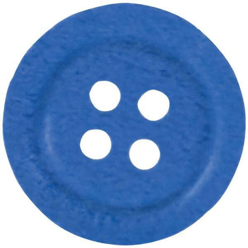 A blue button with four white holes.
