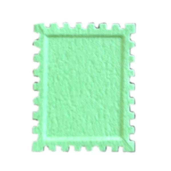 A green, square-shaped object with a textured surface, resembling a stamp or a similar item.
