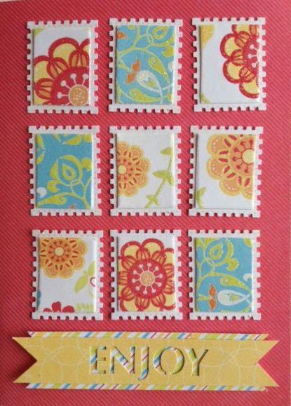 The image is a collage of nine postage stamps, each featuring a different floral design, arranged in a grid pattern on a red background. The word "ENJOY" is prominently displayed in the bottom center of the image.