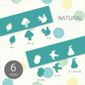 various cut-out shapes of fruits and vegetables, including a mushroom, a squirrel, a pear, an acorn, a bird, and a pear, arranged in a collage-like manner.