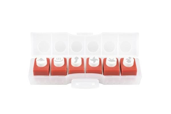 A plastic container with six red and white plastic stamp blocks, each featuring a unique design, arranged in a row.