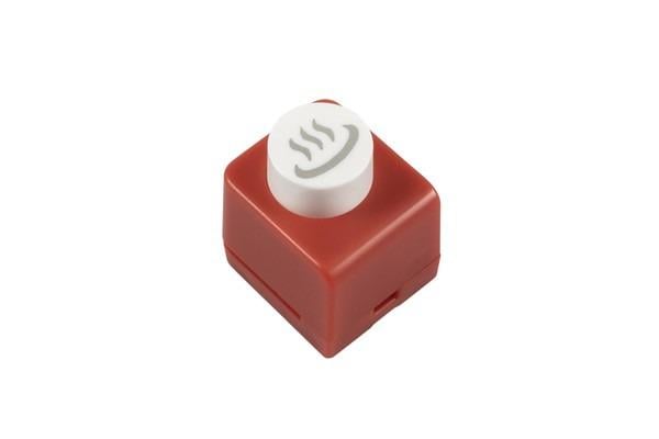 A red plastic push button with a white circular button on top, which appears to be a type of thermostat or temperature control device.