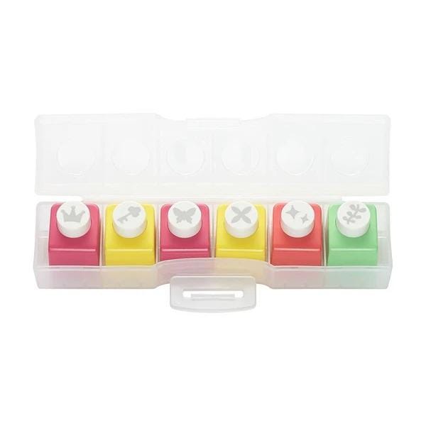 A plastic container with six colorful push pins or stamps in it, arranged in two rows of three.