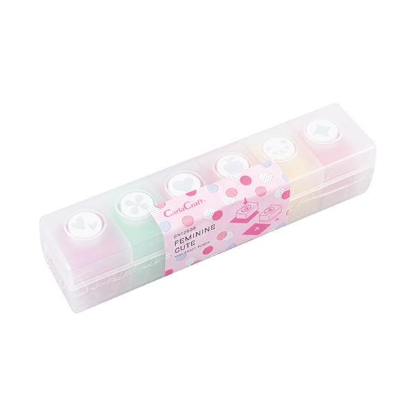 A clear plastic container with six colorful push pins inside, each with a white cap.