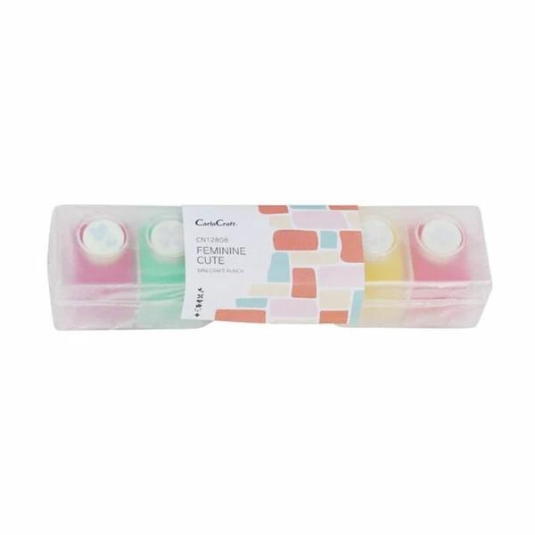A set of four colorful, patterned push pins in a clear plastic container.