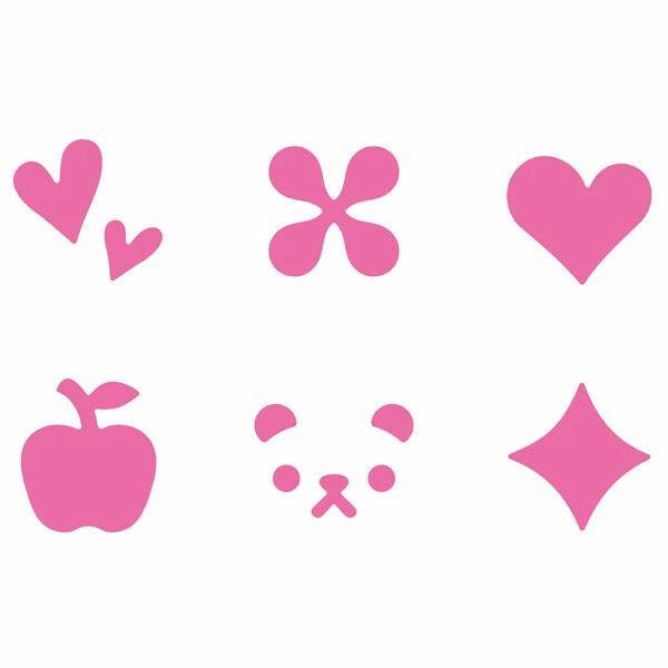 six pink symbols, including hearts, flowers, an apple, a panda face, a diamond, and a heart.