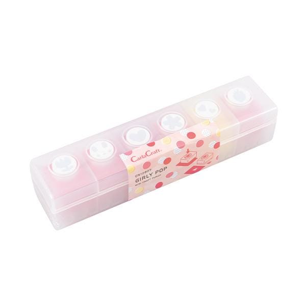 A clear plastic container with six compartments, each containing a small pink object. The container has a label with a pink and white color scheme and the text "CarolCup GIRLY POP".