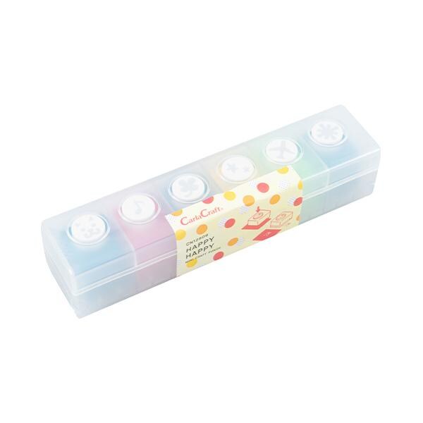 A clear plastic container with six colorful plastic bottles inside, each with a white lid. The container has a label with a polka dot pattern and text.