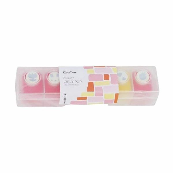 A clear plastic container holding four small pink and white objects, which appear to be a set of four small decorative items.