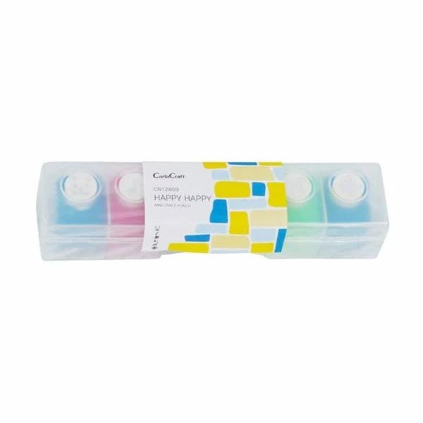 A clear plastic container with four compartments, each containing a different colored liquid. The container has a label with text and a colorful design.