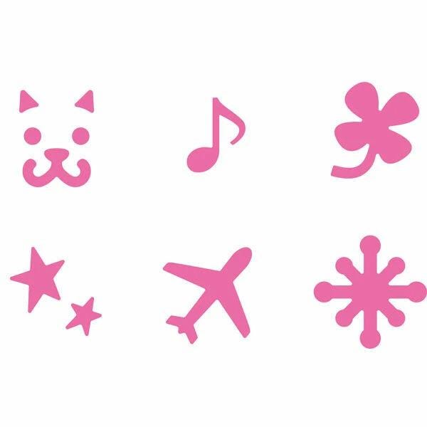 six pink icons, including a cat face, musical note, clover, star, airplane, and snowflake.