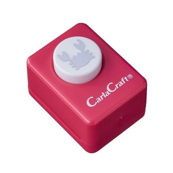 A red and white plastic tool with a white circular button on top, designed for use with a red plastic container.