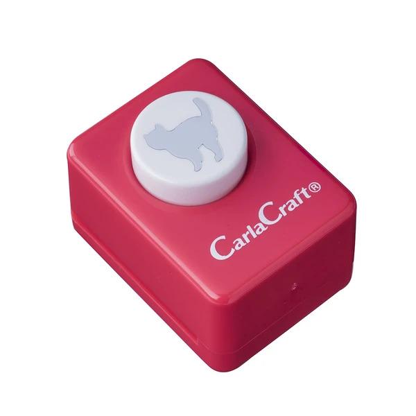 A red and white CarlaCraft push button tool with a cat silhouette on the top.