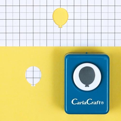 A blue hole punch with a white button and a yellow balloon cutout on a yellow background.