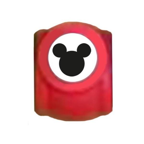 A red circular object with a white circle containing a black Mickey Mouse icon.