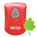 a red object with a leaf-like design on it, and the word "DECOP" written on it.