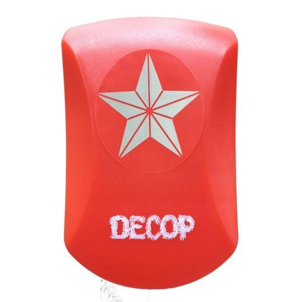 The image is a red object with a white star and the word "DECOP" written on it.