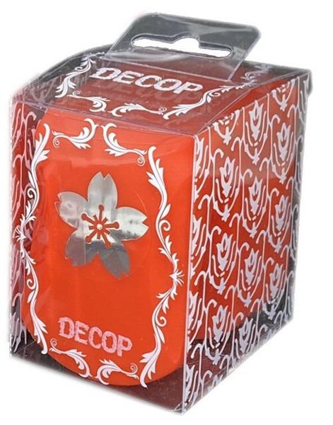 A clear plastic box with a red floral design and the word "DECOP" printed on it.