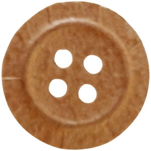 A brown button with four holes, resembling a button or a pin.