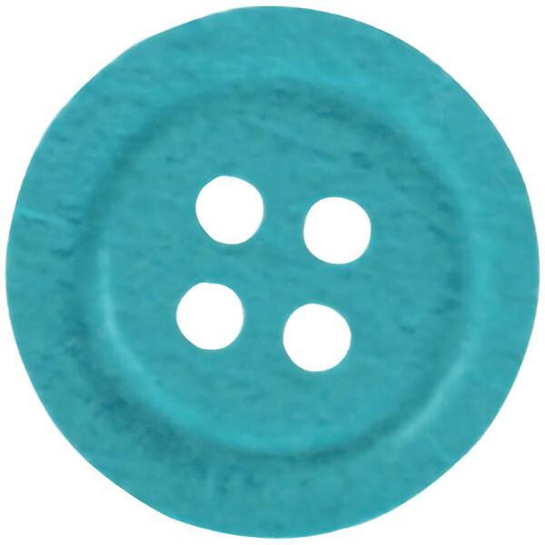 A turquoise button with four white holes.