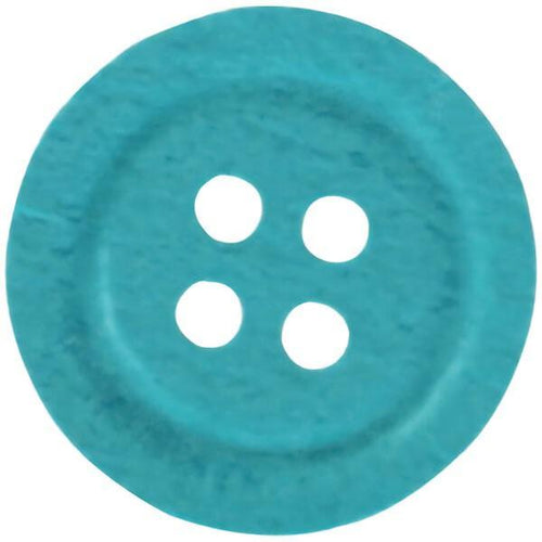 A turquoise button with four white holes.