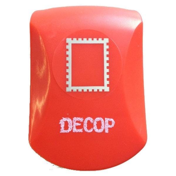 The image is a red object with a white square and the word "DECOP" printed on it.