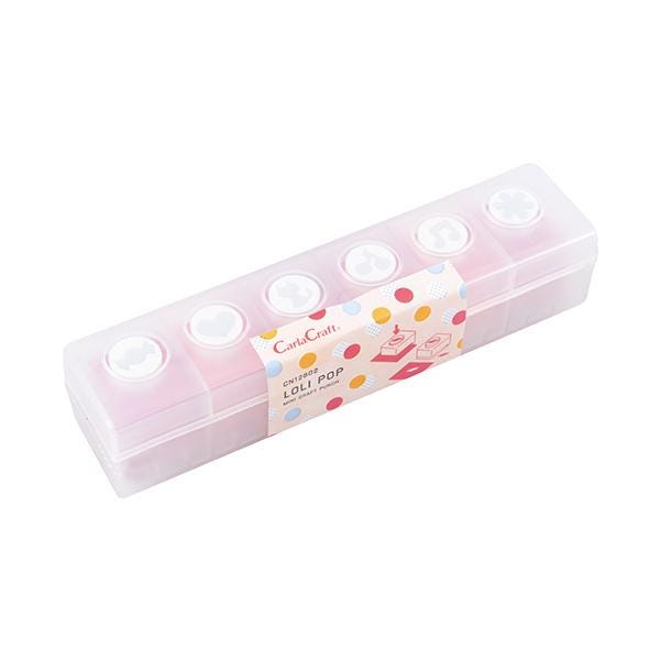 A clear plastic container with six compartments, each containing a pink object. The container has a label with a pattern and text.