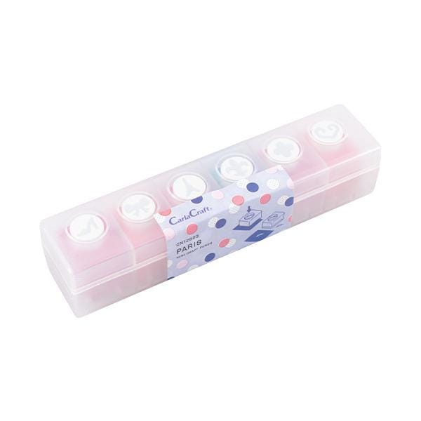 A clear plastic container with six compartments, each containing a pink and blue stamp. The container is labeled "CarolCatch Paris" and "C1V12E-01".
