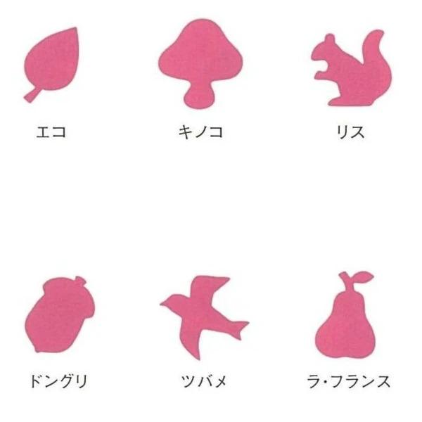 six pink silhouettes of various objects, including a leaf, mushroom, squirrel, bird, pear, and acorn, each accompanied by Japanese text.