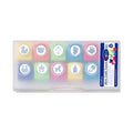 A plastic container with a clear lid, containing a set of colorful rubber stamps with various animal and child-themed designs.