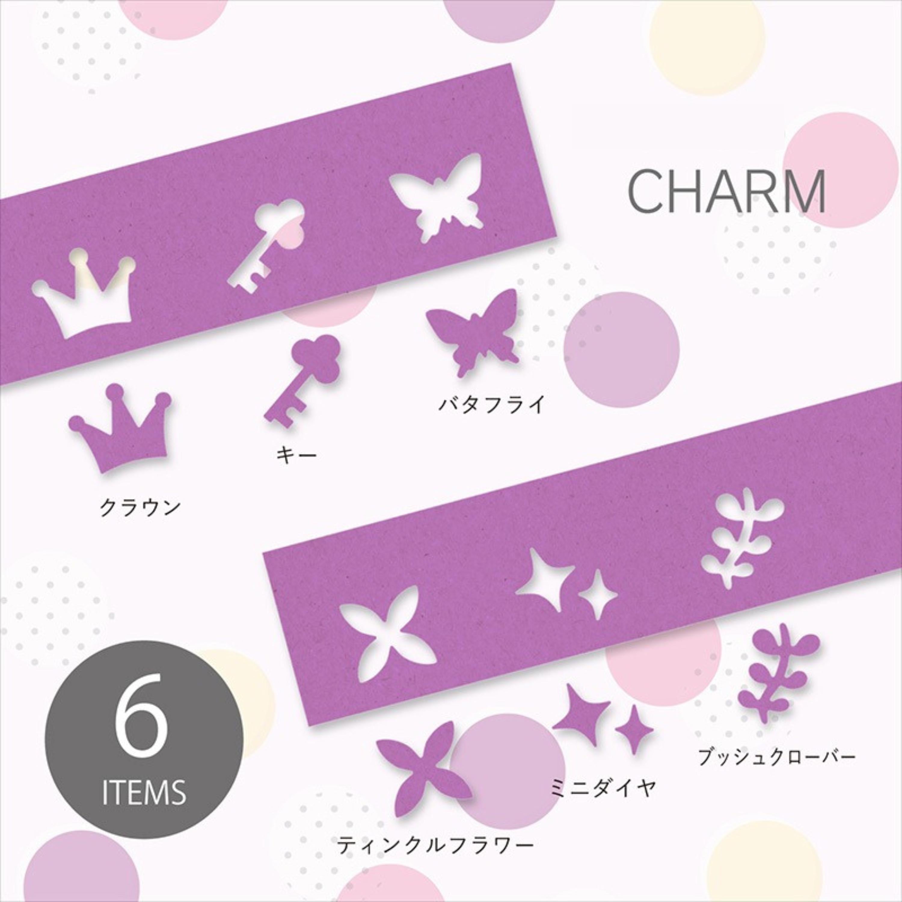 various cut-out shapes in purple, including a crown, key, butterfly, flower, and star, along with the word "CHARM" written in English and Japanese.