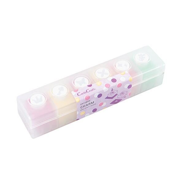 A clear plastic container with six compartments, each containing a different colored liquid. The container has a label that reads "CarlyCraft" and "CHARM".