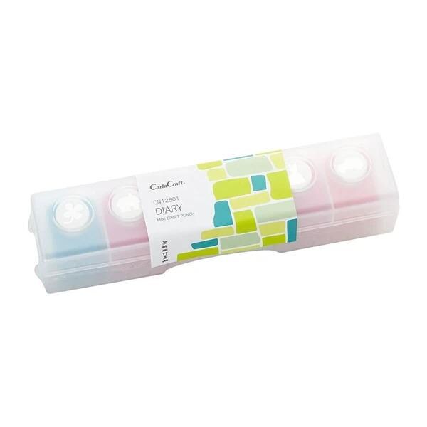 a clear plastic container with a colorful label, which appears to be a diaries or small notebooks.