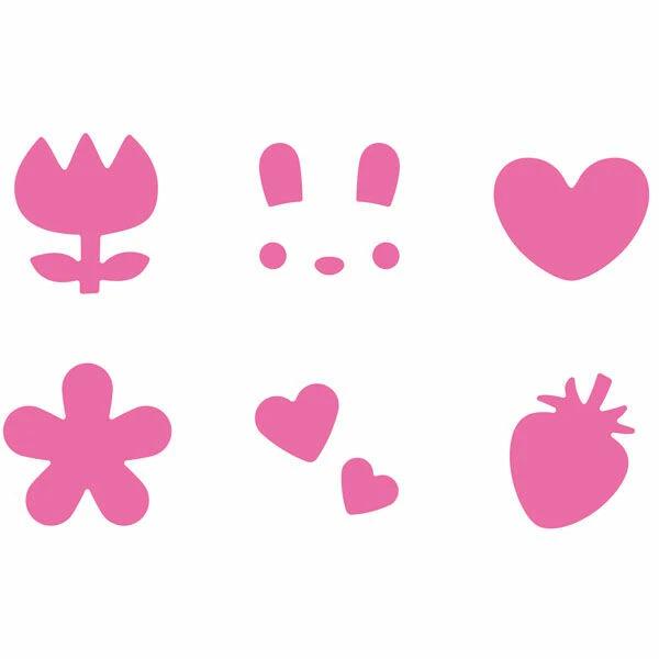 six pink flower and heart shapes, as well as a bunny shape, all arranged in a grid-like pattern against a white background.