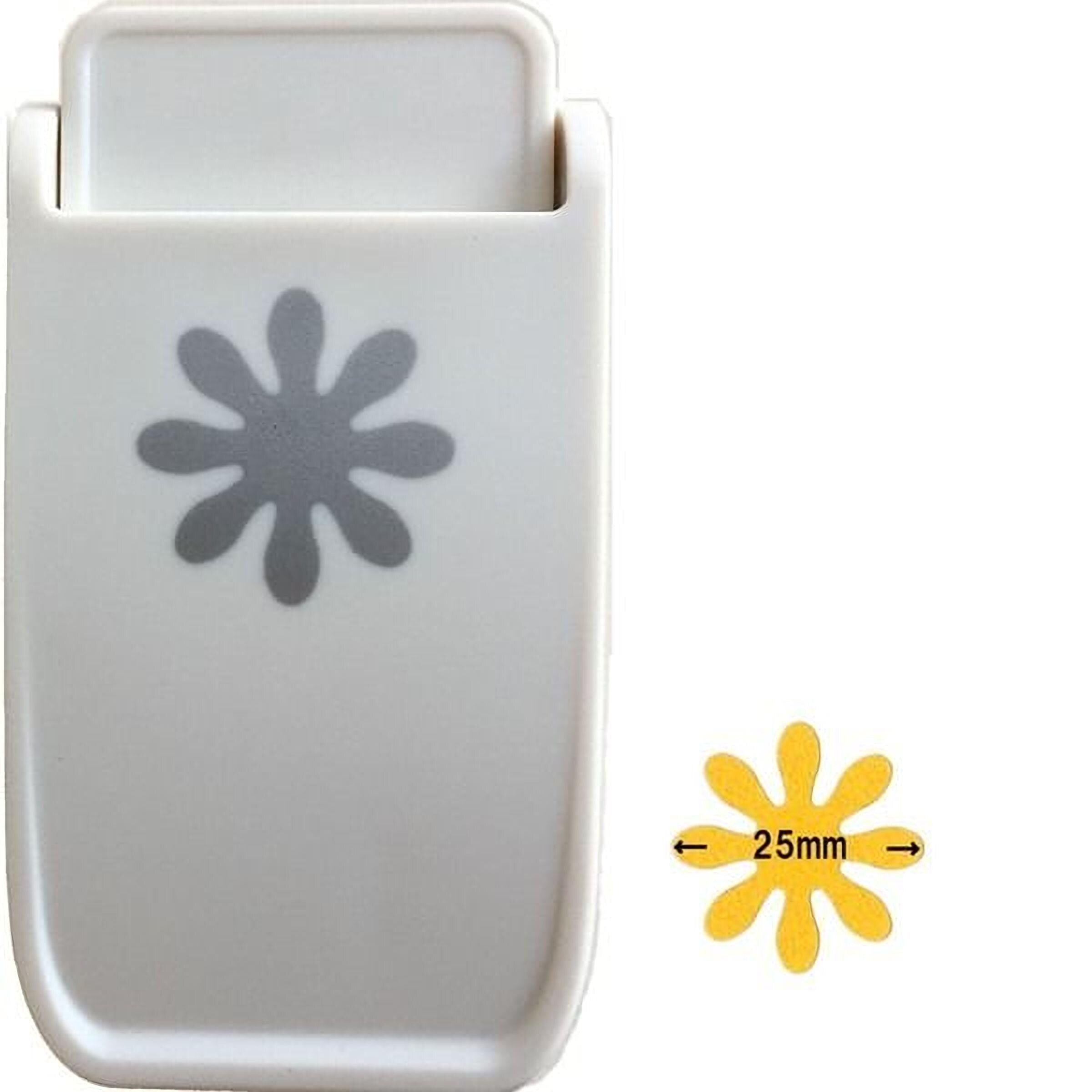 a white plastic object with a gray flower-like design on it, along with a smaller yellow flower-like design indicating the object's size.