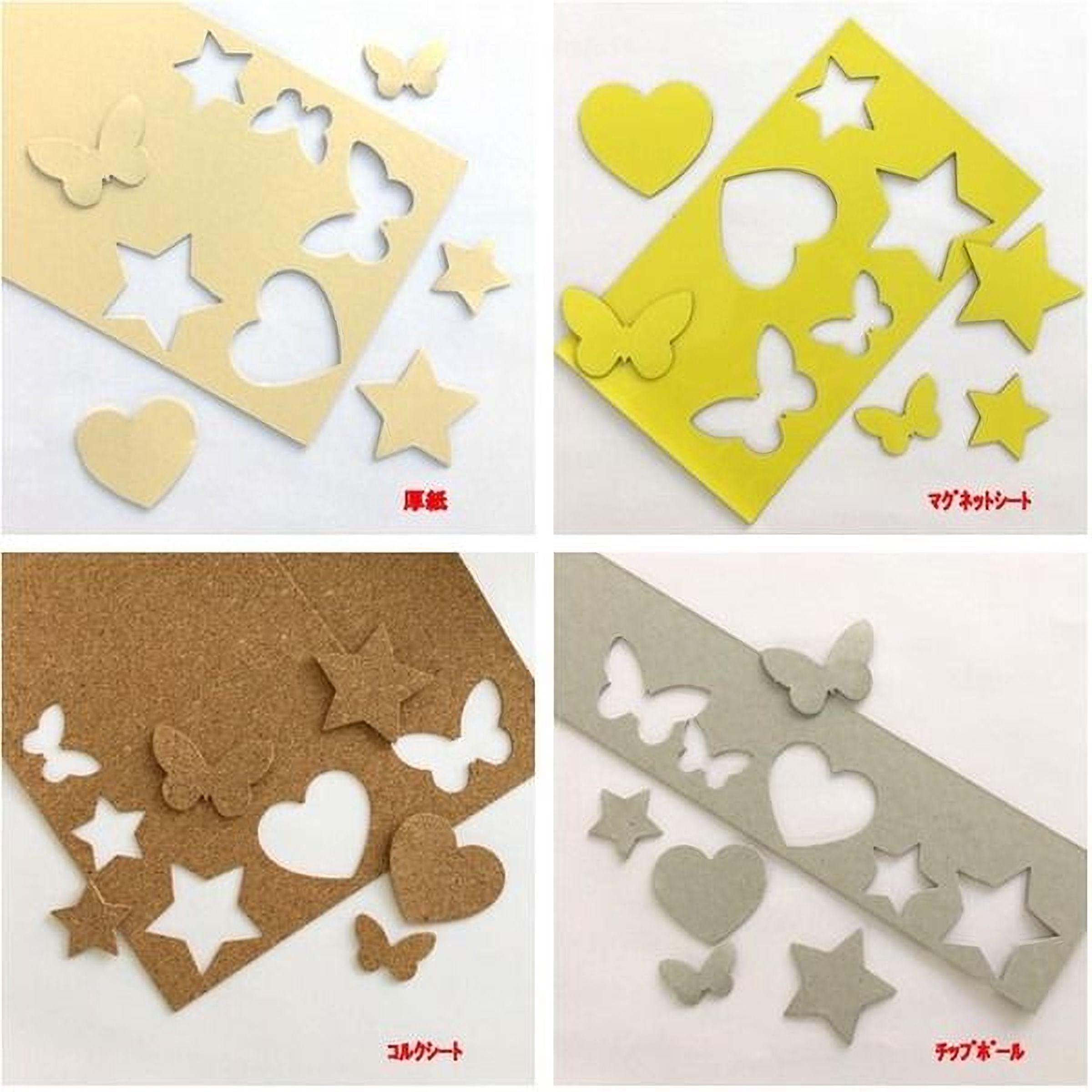 four different cut-out shapes, including stars, hearts, butterflies, and other decorative elements, arranged on a white background.