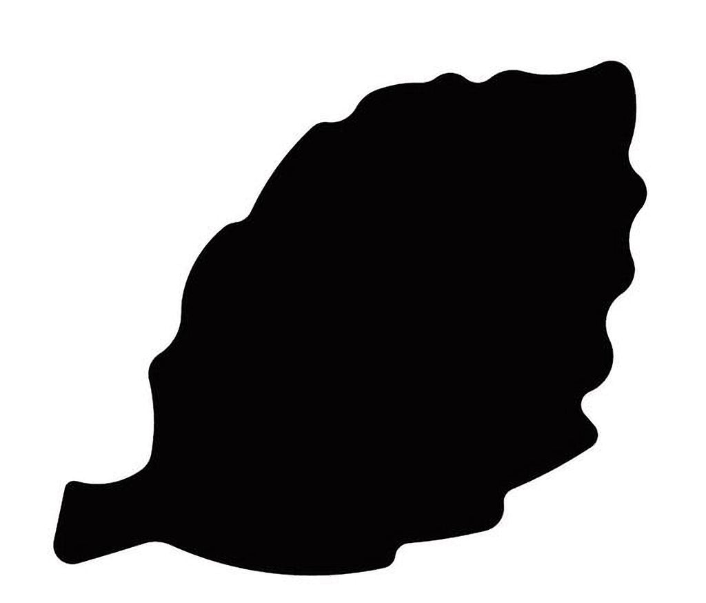 A black silhouette of a leaf against a white background.