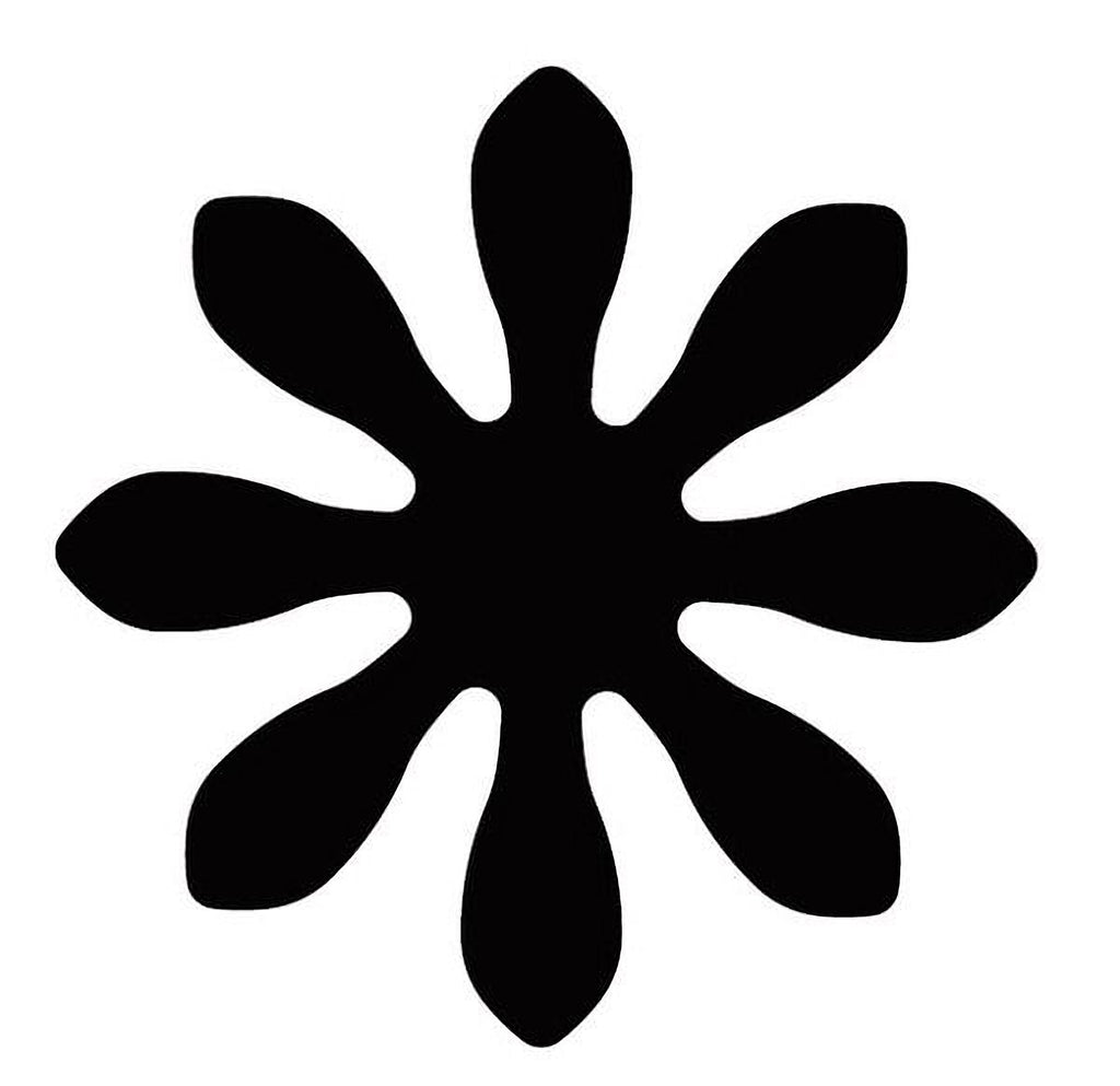 A simple black and white silhouette of a flower or leaf shape.