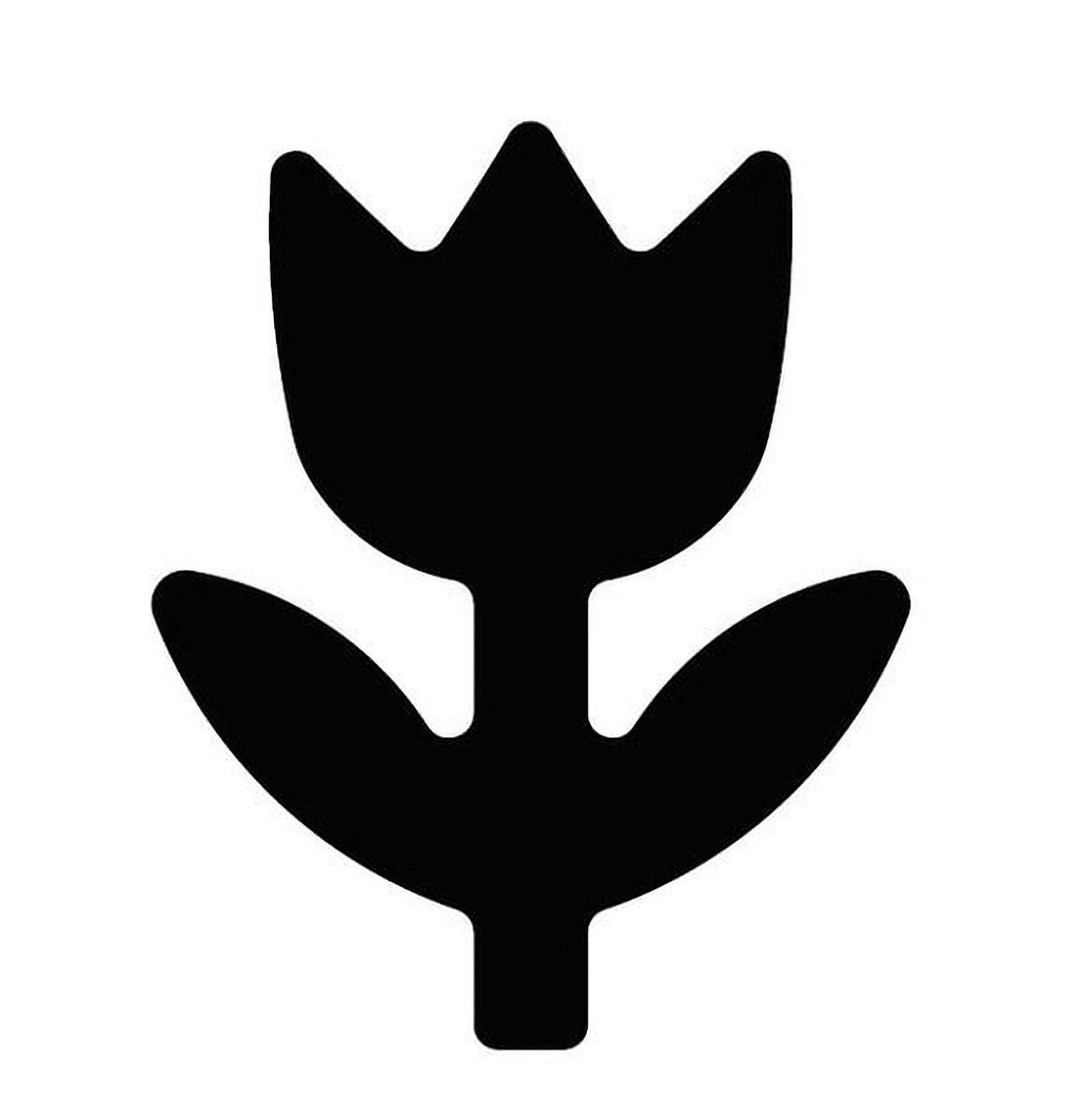 A simple black silhouette of a flower.
